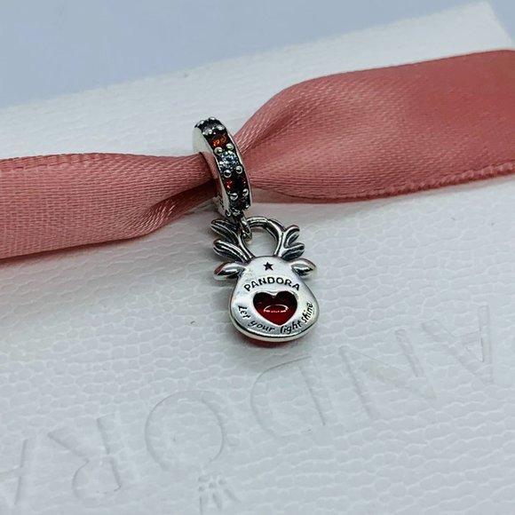 Pandora Red Nose Reindeer Murano Dangle Charm "Let your light shine" Pendant - Picture 10 of 10